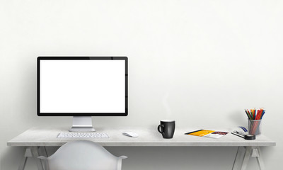 Aufkleber - Isolated computer display for mockup in office interior. Work desk with keyboard, mouse, cup of coffee, paper, pencils. Free space on wall for text.