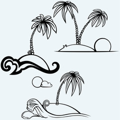 Wall Mural - Tropical islands with palm trees. Isolated on blue background. Vector silhouettes