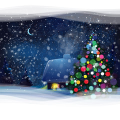 Wall Mural - vector night winter landscape with house, christmas tree and for