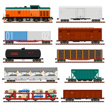 Vector Set Of Train Cargo Wagons, Tanks, Cars
