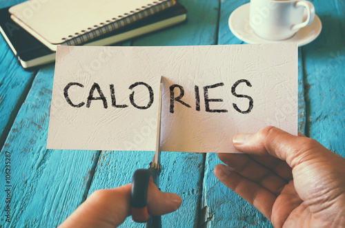 Fotomural man hand holding card with the word calories