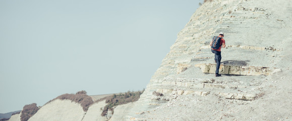 Poster - Hiker go up on stone mountain