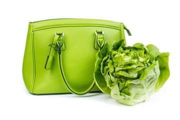 green woman bag with lettuce salad - isolated on white