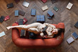 © andrii kobryn - Stylish young girl in beige suit reads a book on the red sofa surrounded by books. Top view