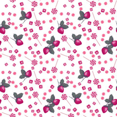 Strawberry lollipops, candy and chewing gum seamless pattern bac