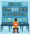 Vector illustration of work place sound engineer's. Mixing console. Analog synthesizer