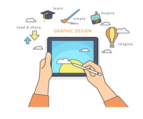 Wall Mural - human hand holds a tablet pc and draws a picture on the screen. flat line contour illustration of de