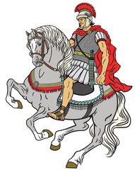  roman warrior riding the horse isolated on white