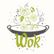 Vector food illustration with wok pan. Sketch style.