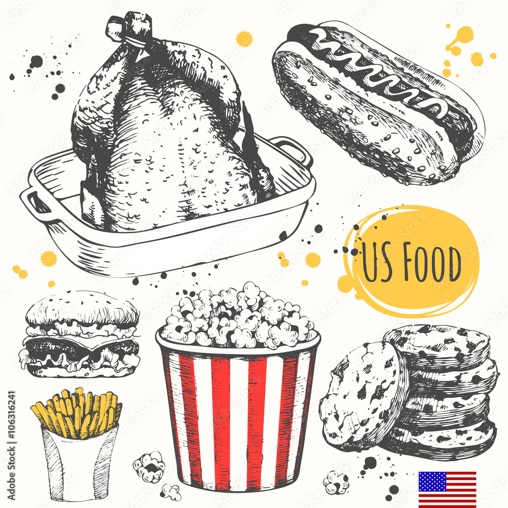 USA food in the sketch style. Main course and snacks. Stock Vector ...