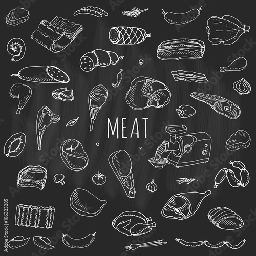 Fotografie, Obraz Hand drawn doodle set of cartoon different kind of meat and poultry Meat set Vec