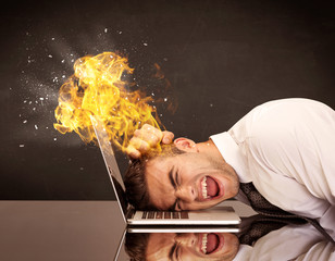 Stressed business man's head is burning