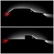 set of two pictures realistic pickup off-road car in the dark in the spotlight is a side view