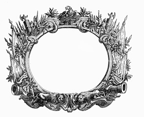 Renaissance ornamental frame with eagle and nest, weaponry,flags,ensigns,spears,guns isolated in white