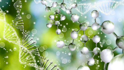 Image of molecular structure and chain of dna on a green background close-up