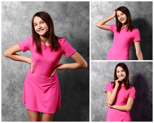 Fashion collage. Beautiful young girl in pink dress posing on gray background