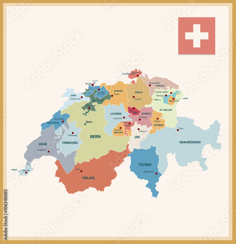 Cuadros en Lienzo Vintage Color Political map of Switzerland