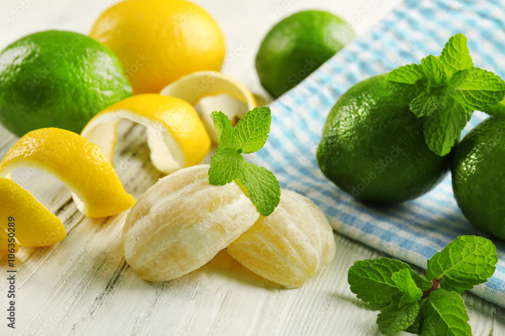 Fresh limes on blue napkin