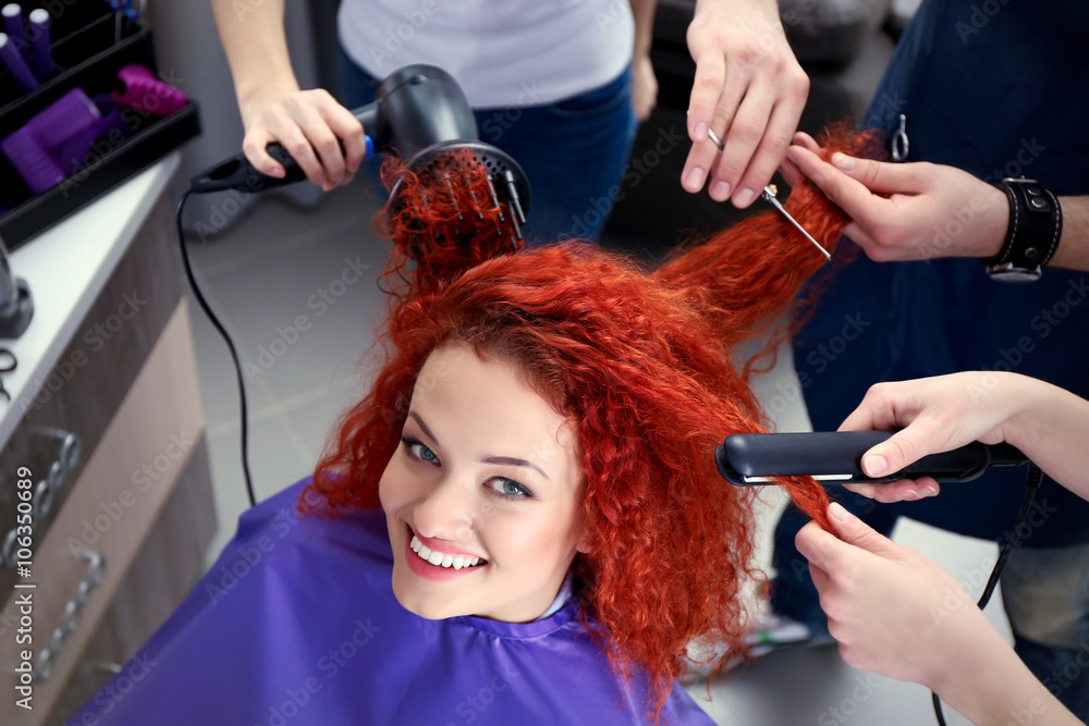 Beautiful girl visit hairdressing salon