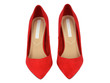 Pair of elegant red suede high-heeled shoes isolated