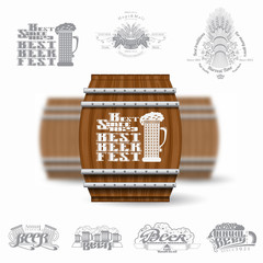 Three realistic mock up wood barrel and set of silhouette labels on white background. Vector illustration one barrel sharp and two barrels depth of field