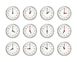 Set of clocks icons for every hour of day on white