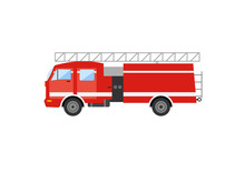 Side View Of A Red Fire Truck. Vector Illustration Of A Fire Engine.