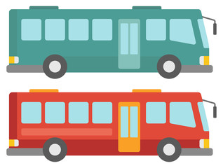 side view of two city buses.