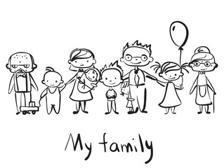 Wall Mural - Vector children's doodle of happy family. Happy family holding hands and smiling