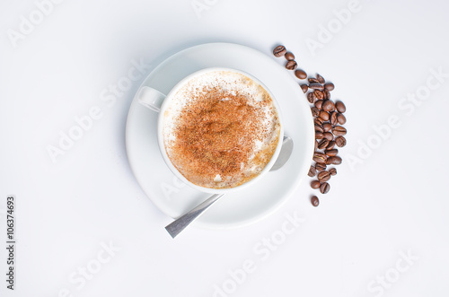 Fotografie, Obraz Hot coffee with beans on BELM BACKGROUND WITH SPOON