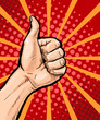 Closeup of male hand showing thumbs up sign on pop art background. Pop Art poster. Pop Art background. isolated, message, support, symbol, surprise, discount, positivity, sign, sale, vintage, wow, yes