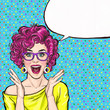 Surprised young sexy woman  in glasses  shouting or yelling. Advertising poster. Comic woman. Gossip girl, red cheeks, beauty, curls, sexy girl, pinup, shout, hipster, hey, wow, curls, announcing, yes