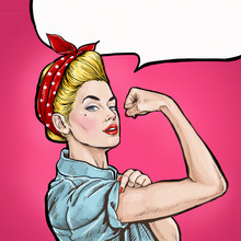 Pop Art Background. We Can Do It. Iconic Woman's Fist/symbol Of Female Power And Industry. Advertising.Pop Art Girl. Protest, Meeting, Feminism, Woman Rights, Woman Protest, Girl Power. Yes We Can