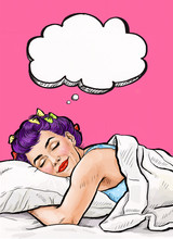Beautiful Girl Sleeps In The Bedroom.Pop Art Girl. Advertising Poster. Comic Woman.Pop Art Background. Dreamy, Attractive, Morning, Lying In Bed, Resting Woman, Resting, Cute, Art, Pop, Face, Thought,