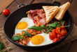 English breakfast - fried egg, beans, tomatoes, mushrooms, bacon and toast