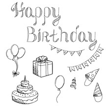 Happy Birthday Celebration Set Graphic Art Black White Isolated Illustration Vector