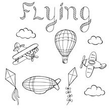 Flying Airplane Balloon Airship Kite Cloud Graphic Art Black White Isolated Illustration Vector