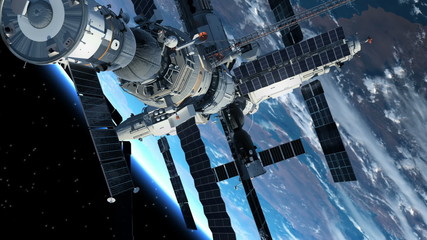 Wall Mural - astronaut outside the space station. 3d animation.