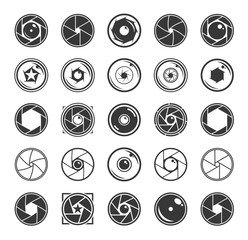 Camera Shutter and Lenses Icons Isolated on White