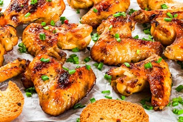 Wall Mural - roasted chicken wings with spices,  top view, close-up