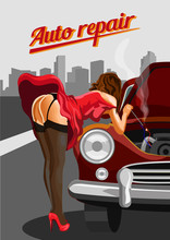 Woman In Stockings  Repairing The Red Car. Retro Vector Style Illustration