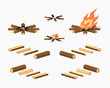 Campfire and firewood. 3D lowpoly isometric vector illustration. The set of objects isolated against the white background and shown from different sides