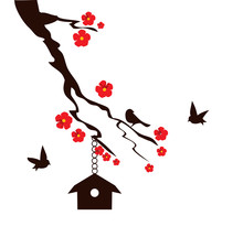 Vector Illustration Of A Tree Branch With Bird House, Birds And Flowers