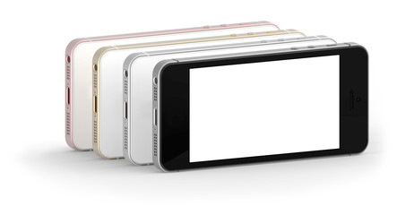 Set of four smartphones gold, rose, silver and black with blank screen. Real camera, high resolution,illustration.