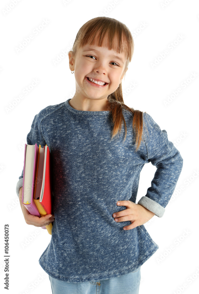 Little girl with notebooks isolated on white