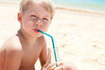 Kid Drink Bottle Juice Sand Beach Sea Outdoor