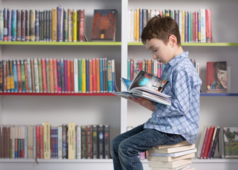 Cute boy reading book in library
