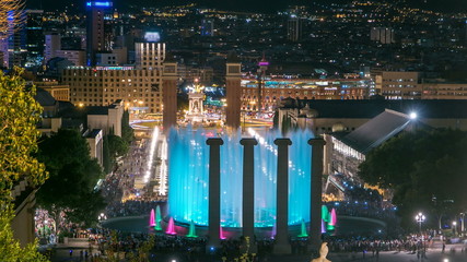 Wall Mural - Night view of Magic Fountain light show timelapse in Barcelona, Catalonia, Spain. 