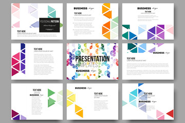 Set of 9 templates for presentation slides. Abstract colorful business background, modern stylish hexagonal and triangle vector texture