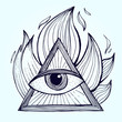 An eye with pyramid in fire on background. Alchemy masonic symbo